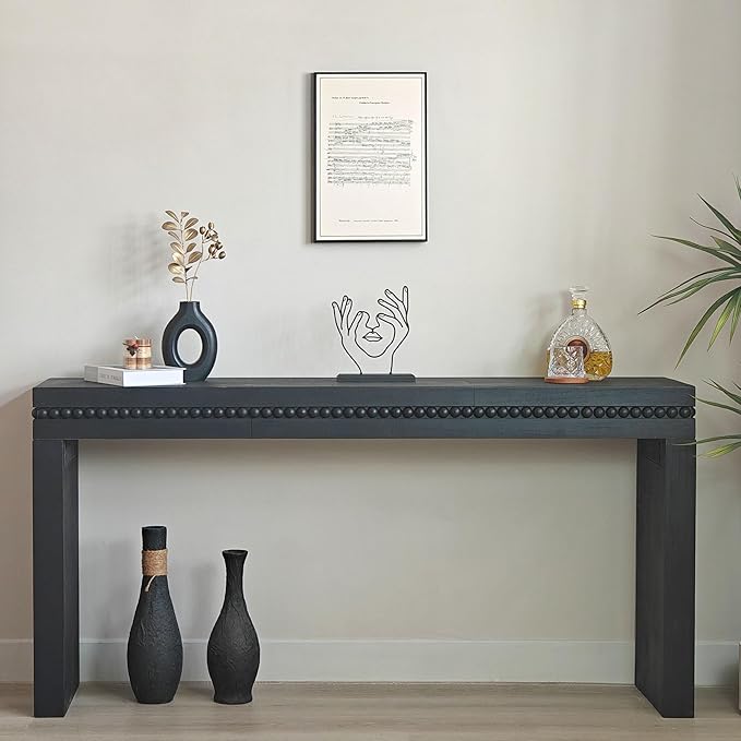 Wood Console Table, 64" Retro Long Sofa Table Behind Couch with Real Wood Beads Decor, Wooden Narrow Sofa Table Hall Table for Living Room Foyer Entrance Entryway, Black