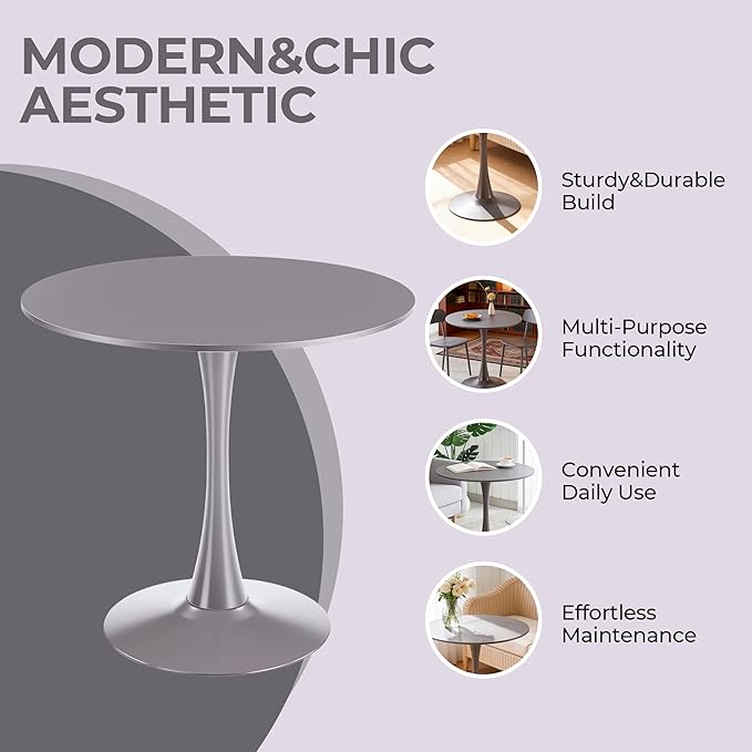 31.5” Round Dining Table, Special Gray Kitchen Tulip Table with Thickened Tabletop & Sturdy Pedestal Base, Tulip Shape Leisure Table for Brstio Cafe Breakfast Nook RV