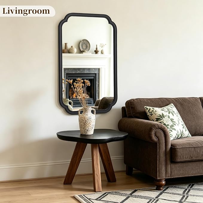 HOMECOOKIN Wood Bathroom Mirror for Wall Decor Arched Rounded Corner Rustic Wood Frame Wall Mirror Home Decorative for Vanity, Living Room, Bedroom, Entryway (24 x 36 inch, Black)