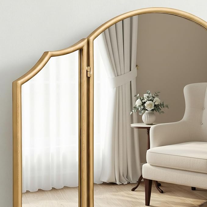 Besdomus Gold Scalloped Vanity Mirror: 36"x24" Large Modern Three Sided Dresser Miror - Minimalist Wood Frame 3 Way Trifold for Bedroom/Cloakroom/Dressing Room - Home Decor for Housewife