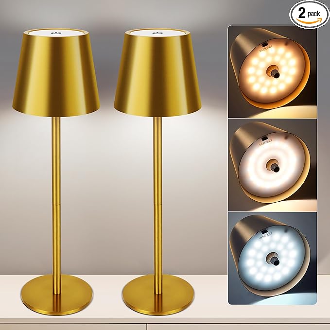 Gold Cordless Table Lamp Set of 2 - 8-20 Inches Adjustable Height, 5000mAh Rechargeable Battery LED Desk Lamp, 3 Color Stepless Dimmable, Portable Waterproof Metal Table Light for Indoor/Outdoor