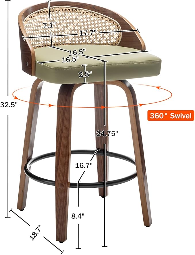 26" Swivel Rattan Bar Stools Set of 3,Mid-Century Modern Green Leather Upholstered Counter Height Stools,Kitchen Island Barstools with Rattan Low Backrest,Walnut Wood Finish Bar Chair
