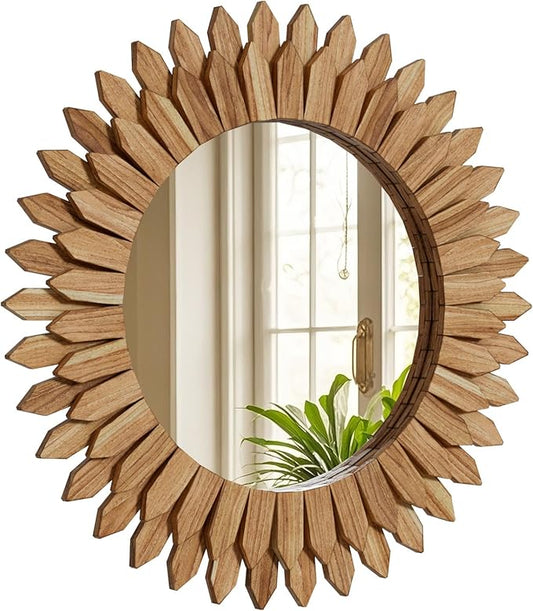 Boho Wood Sunburst Round Wall Mirror, 24 Inch Rustic Circle Wooden Frame Decorative Mirror for Farmhouse Coastal Home, Home Wall Decor for Living Room Entryway Bedroom, Light Wood