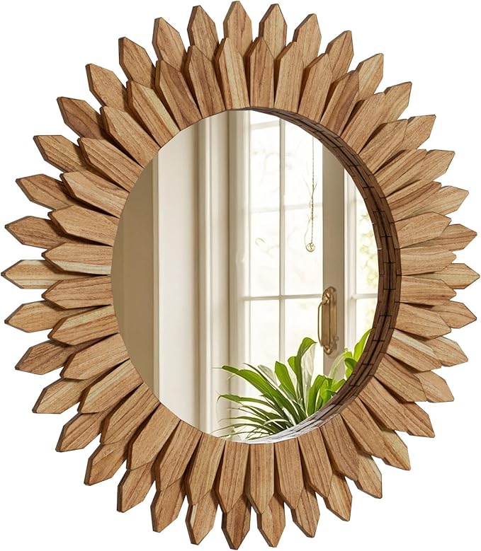 28 Inch Brown Boho Wall Decor Sunburst Mirror - Round Wooden Wall Decor, Handmade Rustic Circular Mirror for Living Room, Bedroom, Entryway, Office