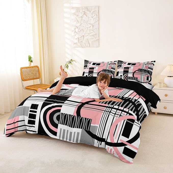 Erosebridal Art Deco Mid Century Duvet Cover Set Retro Modern Abstract Geometric Queen Bedding Set for Child Boys Black and White Pink Circles Stripes Comforter Cover Contemporary Bed Sets