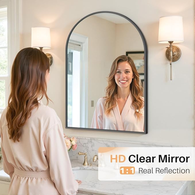 Bathroom Mirror for Wall, 30x20 Inch Arched Mirror, Matte Black Metal Framed Bathroom Vanity Mirrors for Restroom Farmhouse, Anti-Rust, Tempered Glass, Hanging or Leaning