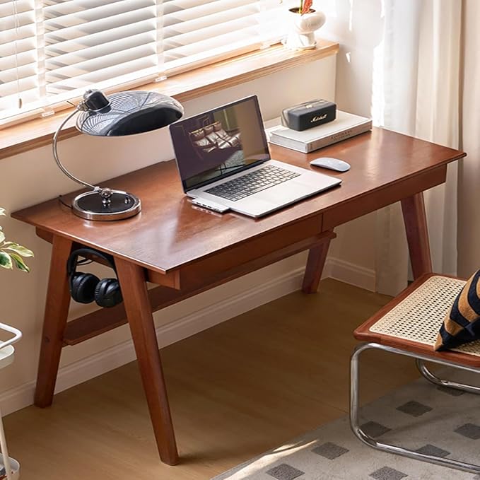 YESWOOD 100% Solid Rubber Wood Desk, Mid Century Modern Writing Computer Desk in Walnut Finish with Drawer for Home Office, Sturdy Room, Bedroom 39.37" W Teak
