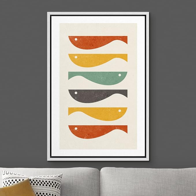 Woodrose Framed Canvas Print Wall Art Ocean Fish Nordic Silhouette Variety Animals Shapes Illustrations Modern Minimalist Chic Relax/Calm Multicolor for Living Room, Bedroom, Office - 16"x24" White