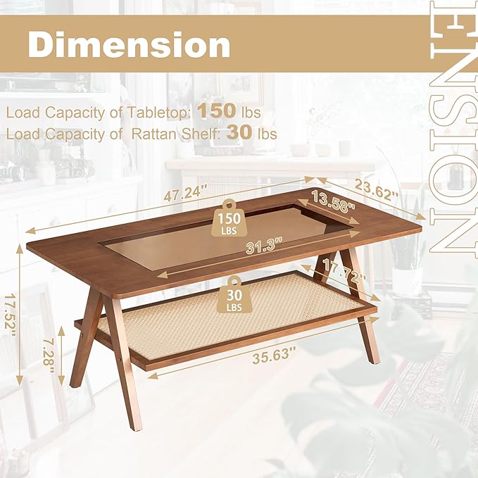 Mid Century Modern Coffee Table with Glass Top and Rattan Storage Shelf, Rectangular Walnut Wooden Coffee Table, Unique Center Tables for Living Room Apartment Home, 47.2 Inch