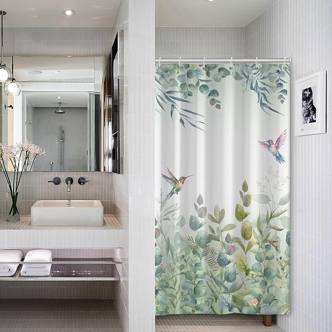 Green Leaf Shower Curtain Colourful Bird Eucalyptus Bathroom Curtain Plant Leaves Botanical Hummingbird Spring Summer Shower Curtain Sets for Bathroom Extra Long 36x72 in with 6 Hooks