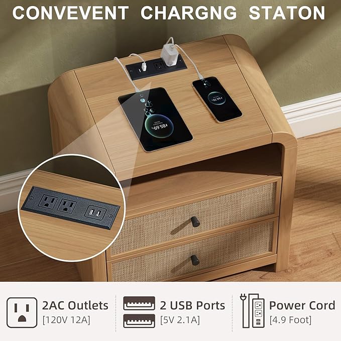 Oak&Sparrow Rattan Nightstand, 23.6'' Rattan End Table with Ample Storage, Boho Nightstand with Charging Station, Thickened Curved Profile Design, Oak Nightstands for Living Room, Bedroom