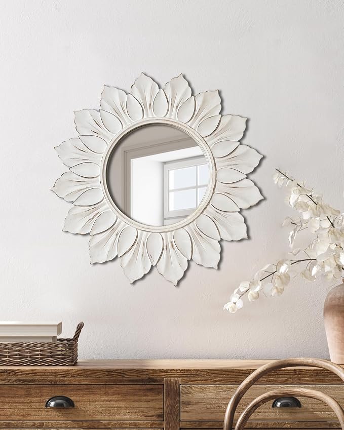 Sunflower Sunburst Wall Mirror, 26" Distressed White Wooden Frame, Handcrafted Petal Floral Design, Vintage Farmhouse Style Mirror for Wall Decor for Living Room, Bedroom, Bathroom, Vanity