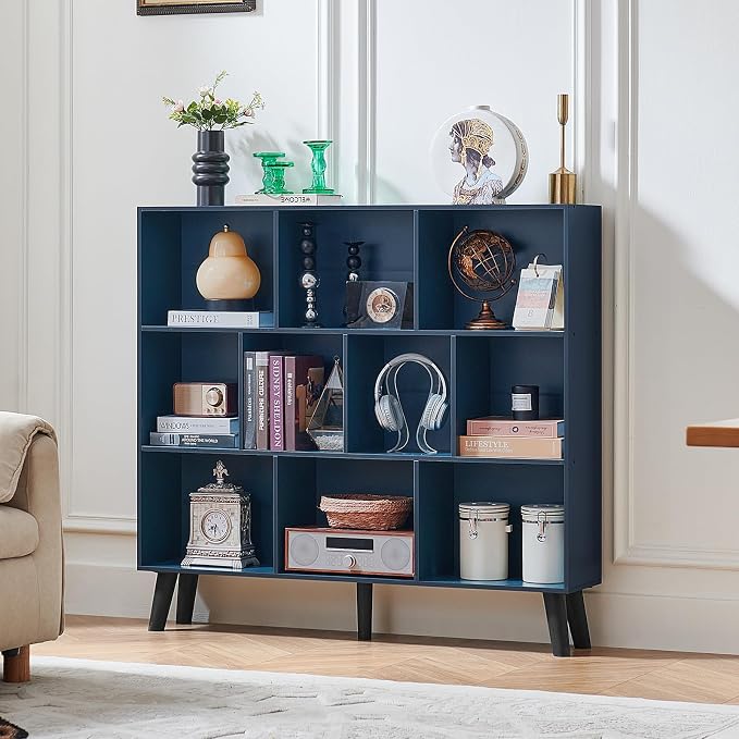 LEYAOYAO 10 Cube Bookshelf,3 Tier Modern Wide Bookcase with Legs,Mid-Century Wood Bookshelves Storage，Dark Blue Large Book Case,Freestanding Organizer Display Shelf for Bedroom,Living Room,Office
