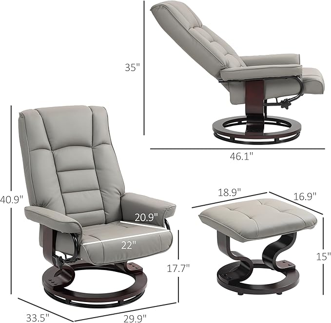 HOMCOM Faux Leather Reclining Chair, Swivel Ottoman Chair, Recliner with Ottoman with High Back and Wood Frame for Living Room, Gray