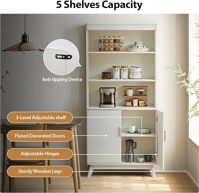 68" Fluted Tall Bookcase with Storage Cabinet,Mid-Century Modern 5-Tiers Arched Bookshelf Cabinet with Doors,Arched Bookcase with Open Display Storage Shelf for Home Office Bedroom Living Room, Beige