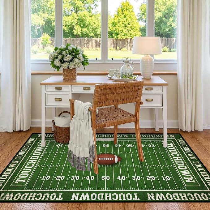 4'x6' Football Field Area Rug Sports Themed Carpet for Nursery Bedroom Playroom Classroom Living Room Home Decor Non Slip Washable Game Room Play Mat