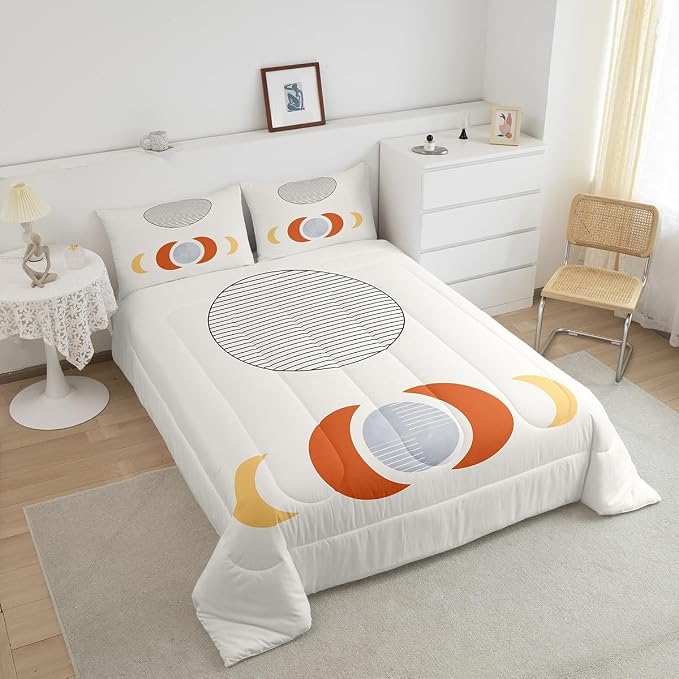 Mid Century Bedding Set King Abstract Moon Comforter Set, Striped Duvet Insert White Aesthetic Quilt Sets, Retro Minimalism Bedding Comforters & Sets Modern Art Bedroom Decor Ultra Soft 3pcs