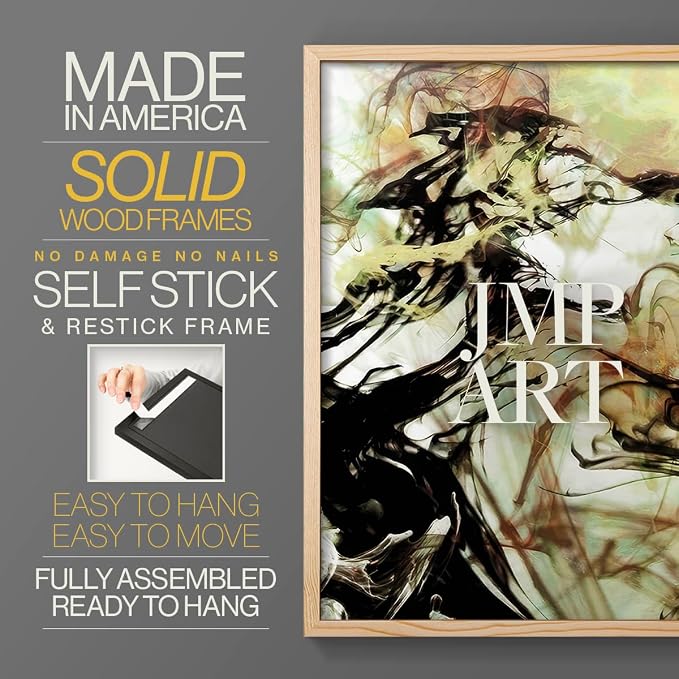 Renditions Gallery Set of 2 Peel & Stick Framed Prints, Abstract Wall Art, Vapping Smoke Design Wall Decor, Re-Stickable - Ready to Hang - 8"x10" - NATURAL WOOD Frame LT588