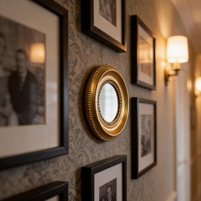 Golden Mini Vintage Mirror with Exquisite Relief Elegant Wall Decor for Bedroom Dresser Table Compact Resin Retro Design (Gold Round 02, 4.7 X4.7)