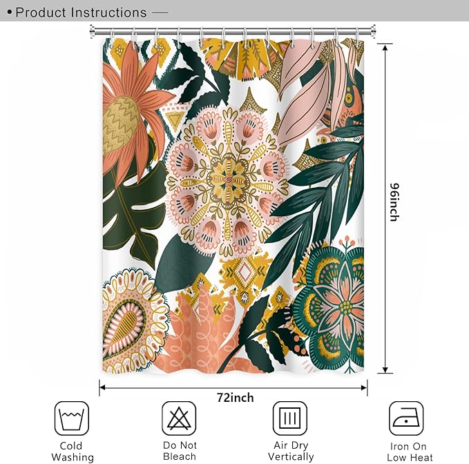 Bohemian Floral Bathroom Shower Curtain Boho Abstract Tropical Leaves Flowers with Hooks Polyester Waterproof Fabric Paisley Unique Trendy Woman Decor, 72x96 Inch