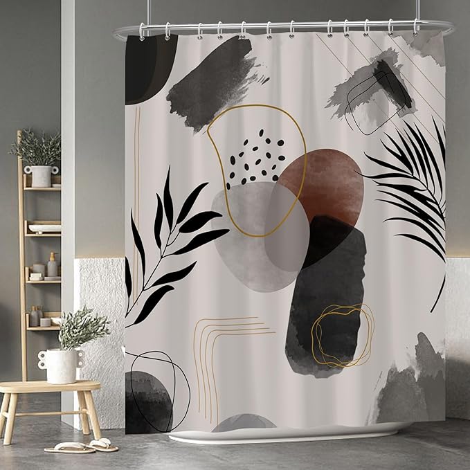 Baocicco Boho Shower Curtain Black Grey Plants Leaves Mid Century Modern Abstract Shower Curtains Decorative for Bathroom Waterproof Fabric Shower Curtain with Hooks 72x84 Inches