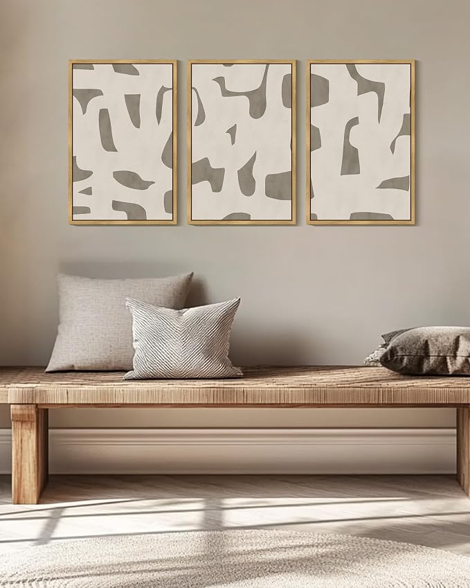 KUVIOKE Bohemain Abstract Framed Wall Art Brown Mid-Century Duotone Minimal Dark Brush Stroke Neutral Modern Minimalist Painting Decorative Artwork 16x24in (Natural Framed)