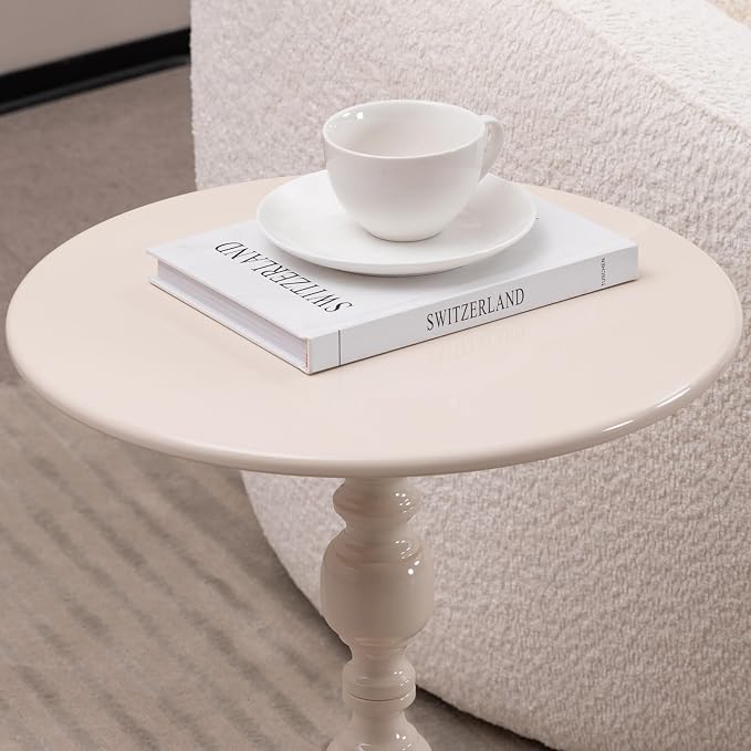 Vintage Metal Coffee Table, Round Cream White Side Table for Sofa or Bedside, Accent End Table for Small Space Living Room Bedroom