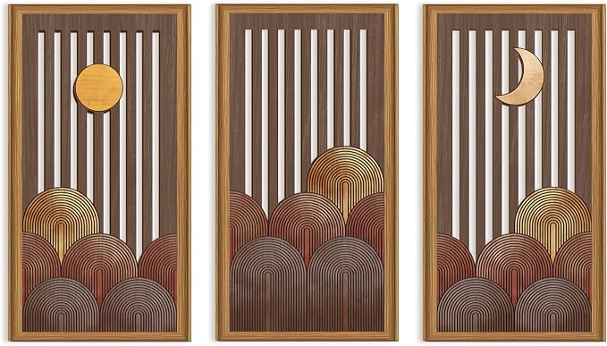 Celestdeco 3 Pcs Boho Mountain Wooden Wall Art Minimalist Geometric Artwork Pine Tree Sunrise Wood Wall Decor Bohemian Forest Hanging Decor for Living Room Bedroom Office 7.9 x15.8 Inch