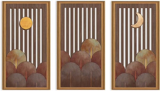 Celestdeco 3 Pcs Boho Mountain Wooden Wall Art Minimalist Geometric Artwork Pine Tree Sunrise Wood Wall Decor Bohemian Forest Hanging Decor for Living Room Bedroom Office 7.9 x15.8 Inch