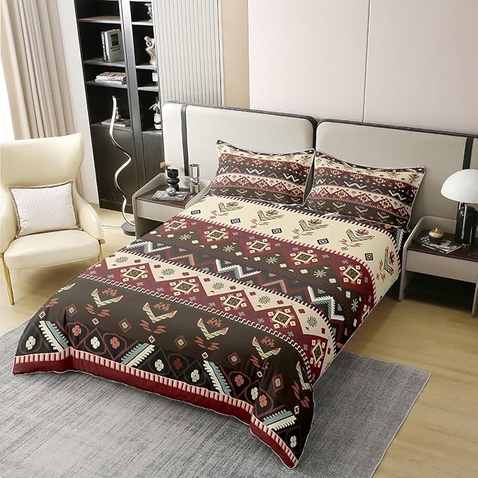 100 Percent Cotton Rustic Duvet Cover Twin Southwestern Bedding Set Aztec Tribal Native American Comforter Cover Red Green Abstract Geometric Tribal Bedroom Decor Ethnic Grid Lattice Quilt Cover
