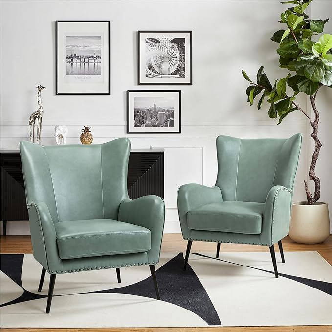 HULALA HOME Faux Leather Accent Chair Set of 2 with Removable Cushion, Comfy Upholstered Armchair with Metal Legs & Nailhead Trim Wingback Vanity Chair for Reading Living Room Bedroom, SAGE
