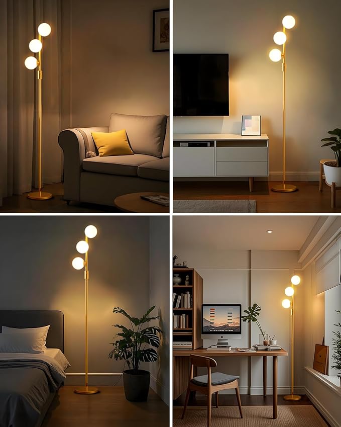 Lightdot 64IN Dimmable Globe Floor Lamp, Gold Standing Lamps with 3pcs 3000K G9 Bulbs Included Soft Warm White Eye Care, Mid Century Floor Lamp for Living Room/Sofa Beside/Corner Decor