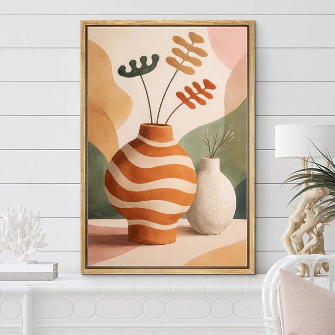 Woodrose Framed Canvas Print Wall Art Mid Century Modern Vase Still Life Illustrations Modern Art Minimalist 3D Colorful Ultra for Living Room, Bedroom, Office - 24"x36" NATURAL