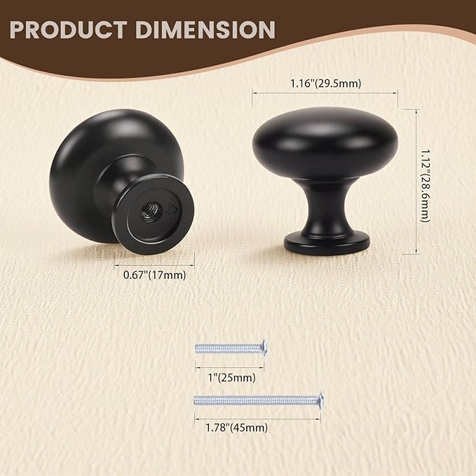 6 Pack Matte Black Cabinet Knobs,1-3/16 Inch(29.5mm) Solid Drawer Knobs,Black Kitchen Cabinet Pulls,Round Dresser Knobs, Modern Drawer Pulls for Dresser Drawers