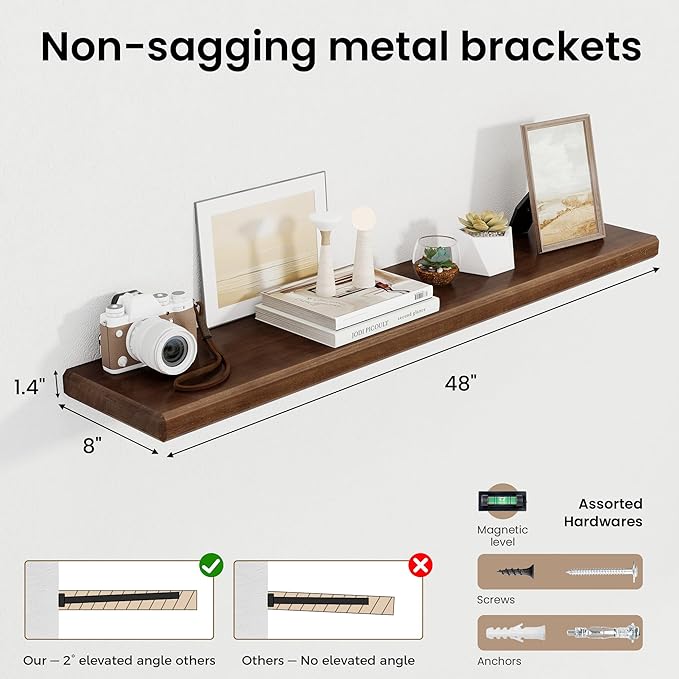 Axeman 48Inch Natural Wood Floating Shelves for Wall|Rustic Wooden Shelves for Bedroom Kitchen Bathroom|Long Storage Shelf with Invisible Bracket for Wall Mounted|Set of 1|Walnut Color