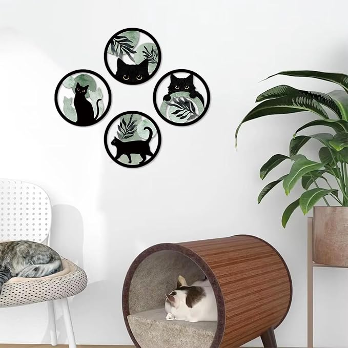 TOARTi 4PCS Boho Black Cat Wooden Wall Art,Sage Green Cats Round Wall Decor,Bohemian Green Plant Hanging Art,Minimalist Botanical Kitty Artwork for Farmhouse Bedroom Living Room Black Cats Room Decor