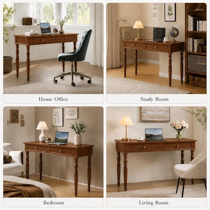 Walnut Writing Desks with Drawers, 47" Solid Wood French Country Style Computer Desk for Home Office, Living Room Study Workspace or Bedroom, Traditional Vanity Dressing Table