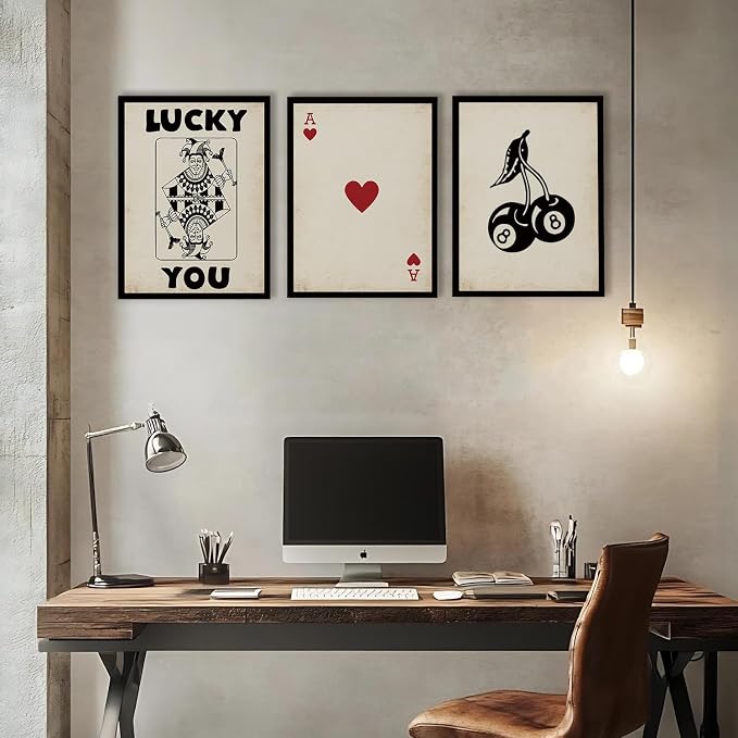 Poker Wall Art Lucky You Poster Set of 3, Trendy Retro Red Heart A Joker Prints Pictures for Living Room Wall Decor Rustic Vintage 8-Ball Pool Canvas Artwork for Bedroom Home Office Decoration 12x16"