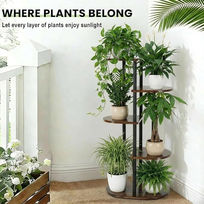 Tiered Plant Stand Indoor, Tall 5 Tier 6 Potted Wooden Plant Shelf for Multiple Flower Plants, Multi Corner Metal Plant Holder Indoor for Patio Garden Patent Design Living Room Balcony Bedroom, Rustic Brown