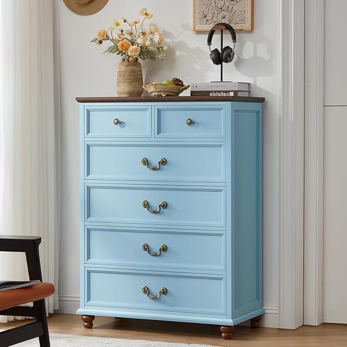 Farmhouse 6 Drawer Dresser Set of 2 for Bedroom, 42" Tall Rustic Chests of Drawers w/ 4 Solid Wood Feet, Mid Century Vintage Wooden Closet Storage Dressers Organizer for Living Room,Light Blue