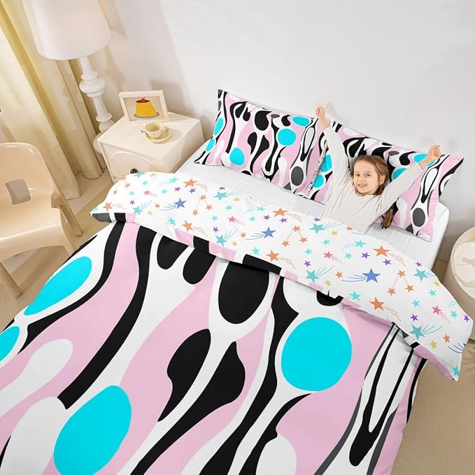 Erosebridal Mid Century Modern Abstract Duvet Cover Set Vintage Geometric King Bedding Set for Adult Men Contemporary Organic Shapes Comforter Cover Squiggle Blob Bed Sets,Light Pink Cyan