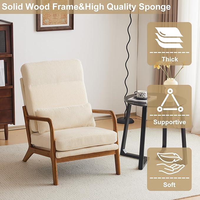 Karl home Mid-Century Modern Accent Chair, Living Room Chairs with Pillow High Back Corduroy Upholstered Lounge Armchair with Solid Wood Frame & Soft Cushion for Bedroom, Reading Room, Beige