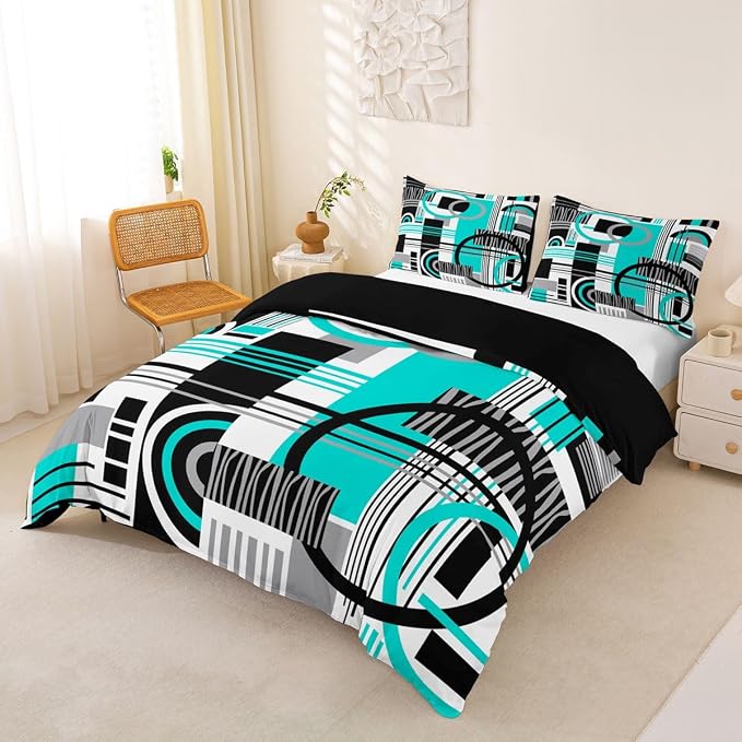 Erosebridal Art Deco Mid Century Duvet Cover Set Retro Modern Abstract Geometric Twin Bedding Sets for Girls Teen Boys Black and White Teal Circles Stripes Comforter Cover Contemporary Bed Set
