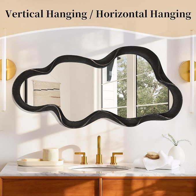 Asymmetrical Irregular Wall Mirror Modern Wooden Frame Mirrors Modern and Stylish Cloud Wavy Mirrors Decorative for Cloakroom Bedroom Living Room Bathroom Entryway 47" x 22"