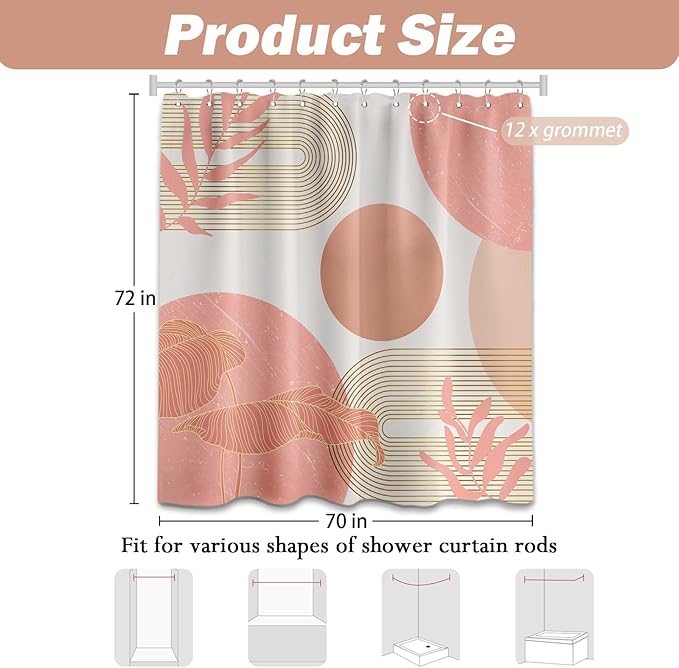 Coral Shower Curtain White and Peach Color Shower Curtains for Bathroom Decor Abstract MCM Girls Bath Curtain Set, Waterproof Fabric with Hooks 70 x 72 Inch