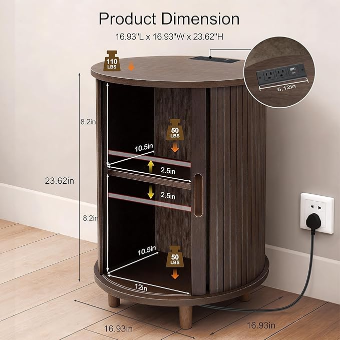 DHH Round End Table with Storage & Charging Station, Fluted Accent Side Table with Sliding Door & Adjustable Shelf, Mid-Century Nightstand for Small Spaces, Living Room, Bedroom (1, Coffee Brown)