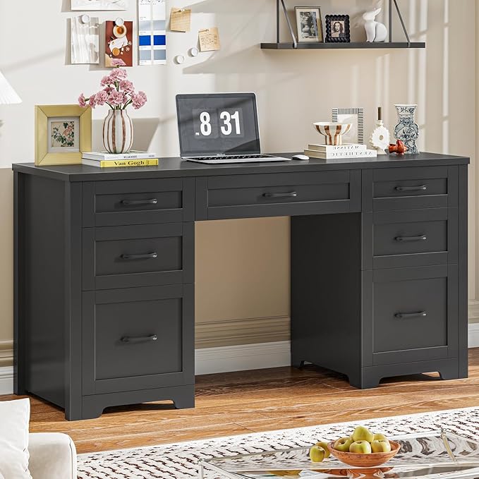 Vabches Farmhouse 61'' Executive Desk with 7 Drawers, Rustic Office Desk Computer Table with File Drawers, Wood Workstation for Home Office and Study,Pure Black