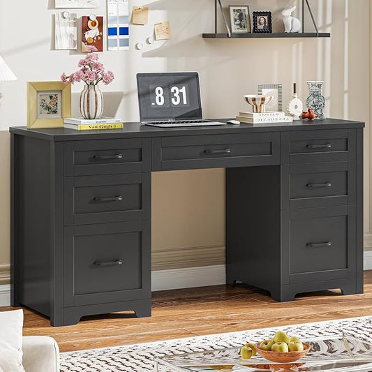 Vabches Farmhouse 61'' Executive Desk with 7 Drawers, Rustic Office Desk Computer Table with File Drawers, Wood Workstation for Home Office and Study,Pure Black