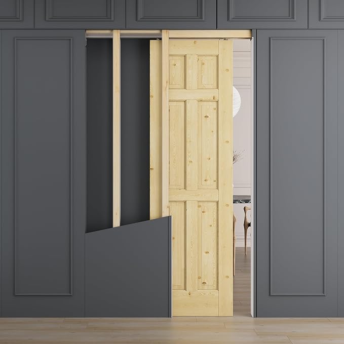 24" x 80" 6 Panel All-Inclusive Soft Close & Solid Core Sliding Pocket Door, Pine Wood Door with Frame & Hardware Kit, Pocket Interior Doors for Home, Unfinished