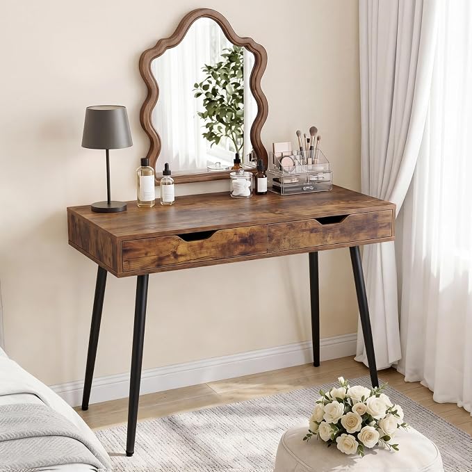 Giantex Mid-Century Desk with 2 Drawers, 42.5" Writing Study Desk with Tapered Legs, Home Office Computer Workstation PC Laptop Desk, Modern Makeup Vanity Table for Bedroom (Walnut)